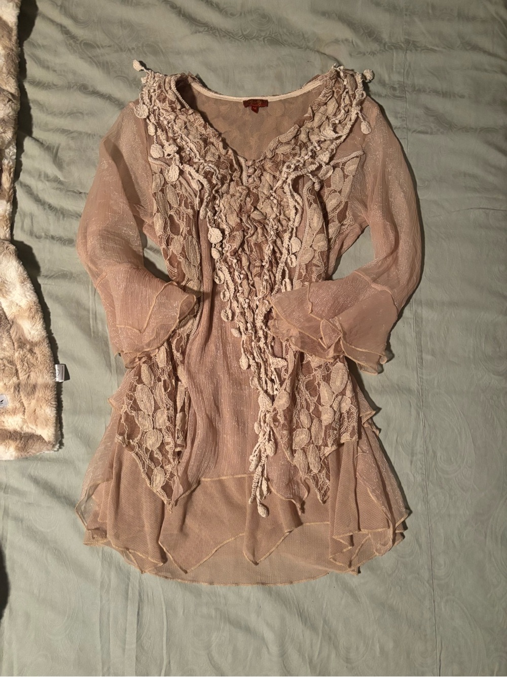 Scully Blush Pink Sheer Lace-Trim Long Sleeve Tunic Dress